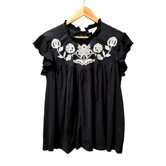 Knox Rose Tops - KNOX ROSE, BLACK , WHITE EMBROIDERY,  BOHO, TOP SIZE LARGE